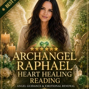 Può includere: Un grafico digitale che mostra una persona con lunghi capelli scuri e ali, che tiene in mano un cuore verde luminoso. Il testo recita: BEST SELLER, ARCHANGEL RAPHAEL HEART HEALING READING, ANGEL GUIDANCE & EMOTIONAL RENEWAL, IN DEPTH • SAME HOUR. Include candele.