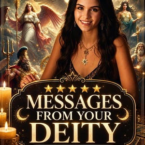Op de afbeelding: Digitale kunst met een lachende vrouw met sieraden en een bord met de tekst "MESSAGES FROM YOUR DEITY". De achtergrond bevat hemelse figuren, kaarsen en tarotkaarten, wat een mystiek thema creëert.
