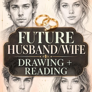 May include: An illustration featuring four pencil-style portraits of a man and woman, with two gold wedding rings in the center. The text "FUTURE HUSBAND/WIFE DRAWING + READING" is displayed in a decorative frame.
