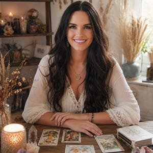 May include: A person with long dark hair wearing a white long-sleeved blouse with lace trim and a gold necklace. On the wooden table are several tarot cards, a lit candle in a textured glass holder, a clear crystal point, and raw amethyst stones.