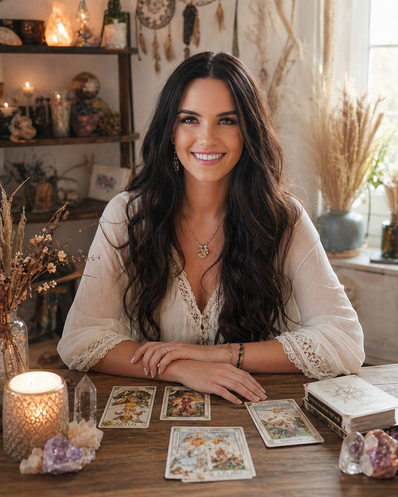 May include: A person with long dark hair wearing a white long-sleeved blouse with lace trim and a gold necklace. On the wooden table are several tarot cards, a lit candle in a textured glass holder, a clear crystal point, and raw amethyst stones.