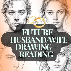 May include: A digital illustration of two couples, with the text "FUTURE HUSBAND/WIFE DRAWING + READING" in the center. The illustration is in black and white and features two men and two women with realistic features.