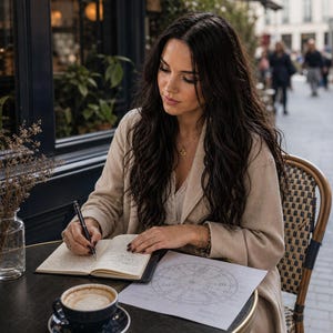 May include: A beige open-front coat worn over a white top, paired with a black notebook, a black pen, and a white paper featuring a circular astrological chart. A dark blue ceramic cup filled with coffee sits on a matching saucer nearby.