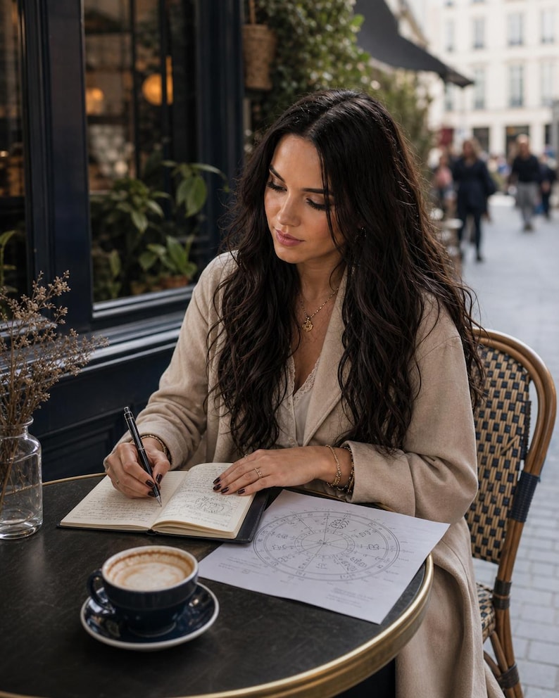 May include: A beige open-front coat worn over a white top, paired with a black notebook, a black pen, and a white paper featuring a circular astrological chart. A dark blue ceramic cup filled with coffee sits on a matching saucer nearby.