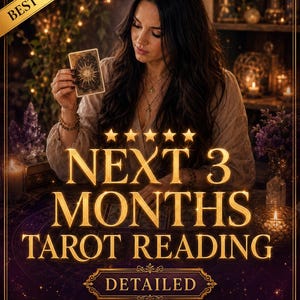 May include: A woman holding a tarot card with a star design, with the text "NEXT 3 MONTHS TAROT READING" in gold lettering. The image has a "BEST SELLER" banner and the words "DETAILED" and "IN DEPTH • SAME DAY".