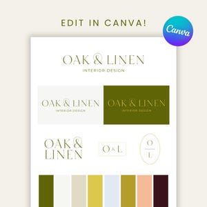 May include: A digital branding kit template featuring the text OAK & LINEN INTERIOR DESIGN in various layouts and a color palette of olive green, cream, beige, mustard yellow, light blue, peach, and dark brown, with an EDIT IN CANVA label.
