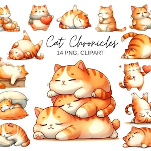 May include: A collection of 14 PNG clipart images featuring cartoon cats in various poses. The cats are orange and white with adorable expressions. The text "Cat Chronicles" is displayed in a script font.