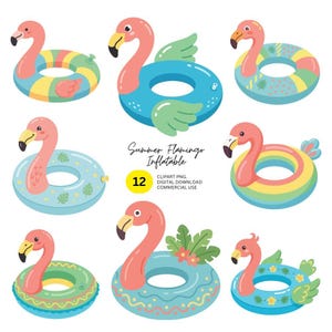 Zomer flamingo opblaasbaar zwembad speelgoed clipart, schattige roze vectorafbeeldingen, 12 png-bundel voor uitnodigingen zwembadfeest en zomer scrapbooking