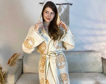 Meditation Dressing Gown, 4 Layers Stone Print Muslin Robe, Soft Bathrobe, Kimono Robe, Organic Cotton, Tree of Life