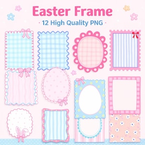 Könnte beinhalten: Eine Sammlung von 12 hochwertigen PNG-Osterrahmen in Pastellfarben. Die Rahmen weisen verschiedene Formen auf, darunter Quadrate, Ovale und Rechtecke, mit Mustern wie Vichy, Streifen und floralen Designs. Jeder Rahmen ist mit Schleifen und dekorativen Rändern verziert.