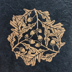 Sacred Oak Print on Black | 8 x 8 Print | Linocut Print | Gold Oak Leaves and Acorns | Gift for Nature Lover | Hand Printed | Lokta Paper