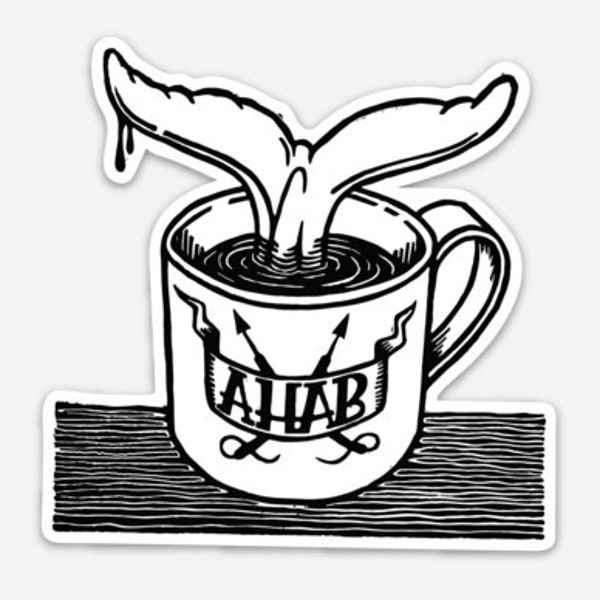 Whale tail sticker, coffee sticker, laptop sticker, water bottle sticker, bumper sticker, sticker of whale tail in Captain Ahab’s coffee mug