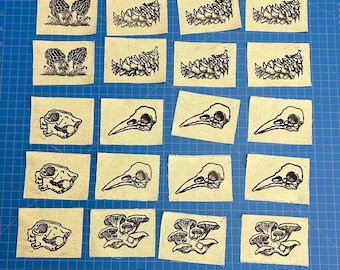 Handprinted Patches | linocut canvas patches | nature themed patches | crow skull | squirrel skull | pinecone | mushrooms | OOAK gift