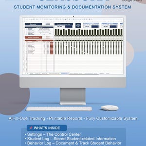 Op de afbeelding: Een computermonitor toont een spreadsheet met de titel "CLASSORA STUDENT MONITORING & DOCUMENTATION SYSTEM." Het scherm toont gegevenstabellen, grafieken en de tekst "January 2026." Extra tekst omvat "All-in-One Tracking", "Printable Reports" en "Fully Customizable System."