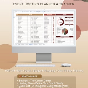 Op de afbeelding: Een computermonitor met een Google Sheets evenementenplanner. Het scherm toont een gedetailleerde spreadsheet met gegevens, grafieken en de tekst "GATHERLINE EVENT HOSTING PLANNER & TRACKER." Extra tekst omvat "Host with Ease" en "WHAT'S INSIDE."