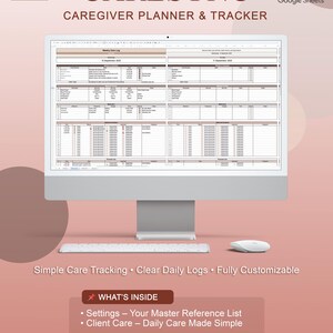 May include: A digital caregiver planner and tracker, CARESYNC, displayed on a computer monitor. The image includes the text "CAREGIVER PLANNER & TRACKER", "Simple Care Tracking", and "Fully Customizable". The planner is designed to help plan, track, and simplify client care.