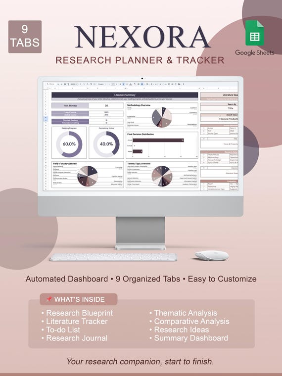Nexora: Research Planner & Tracker | Literature Review, Thematic and Comparative Analysis, Research Journal, Task Tracker | Google Sheets