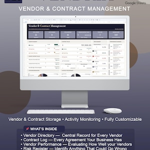 Può includere: Un monitor di computer mostra il modello Google Sheets Vendrix Vendor & Contract Management. Lo schermo visualizza una dashboard con tabelle di dati, grafici e metriche. Sotto il monitor si trovano una tastiera e un mouse.