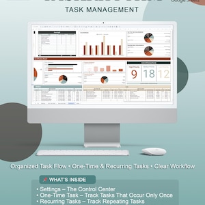 May include: A computer monitor displaying a task management system interface. The screen shows charts, graphs, and data tables. Text on the screen reads "TASKRHYTHM" and "TASK MANAGEMENT." The image also includes a keyboard and mouse. The background is a gradient of teal and white.