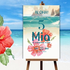 Aloha Birthday Welcome Sign, Tropical Hawaiian Luau Party, Hibiscus Flowers, Beach Party, Digital INSTANT DOWNLOAD, Editable-KBD010