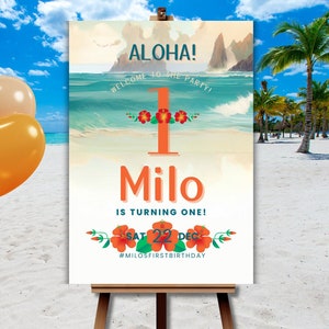 Aloha Birthday Welcome Sign, Tropical Hawaiian Luau Party, Hibiscus Flowers, Beach Party, Digital INSTANT DOWNLOAD, Editable-KBD010