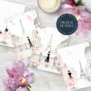 Paris Notecard Bundle, 12 Designs, Instant Download, High Fashion Woman In Paris, Eiffel Tower, Bridal Shower, 5 x 7 Printable Cards-NB1010