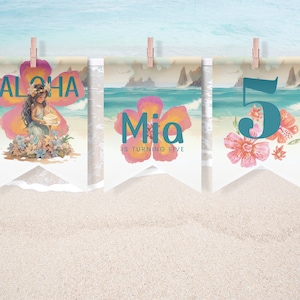 Aloha Birthday Party Banner, Tropical Hawaiian Luau Bunting Flags, Hibiscus Flowers, Beach Party, Digital INSTANT DOWNLOAD, Editable-KBD010