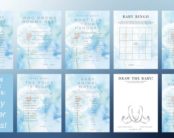 Baby Shower Games Bundle of 9, We Made A Wish And You Came True, Boy Baby Shower Games, Blue Baby Shower, INSTANT Digital Download-BS003