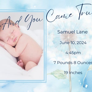 Anuncio de nacimiento: Y te hiciste realidad, Baby Shower azul, Tarjeta fotográfica, Anuncio de nacimiento a doble cara, Colección Dandelion Make A Wish BS002