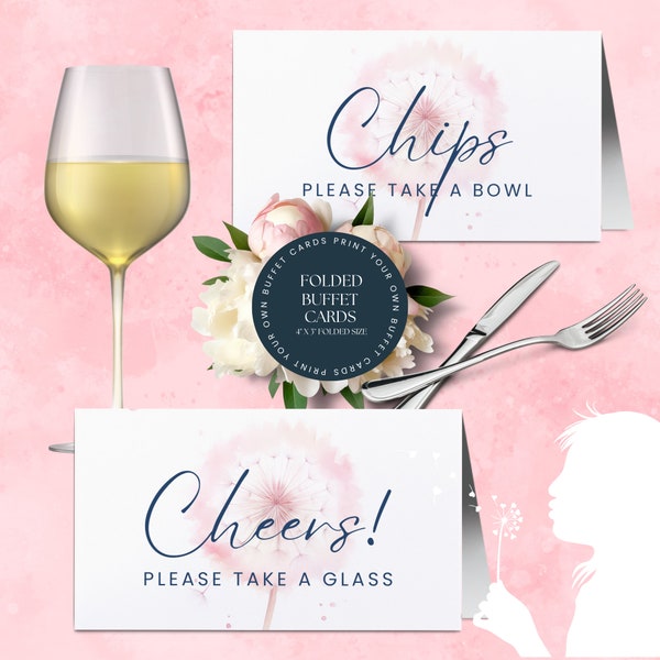 We Made A Wish Baby Girl Shower Folded Buffet Cards, 4"x3" Folded Size, Dandelion Pink Baby Shower, EDITABLE! INSTANT Digital Download-BS002
