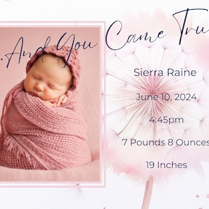 Anuncio de nacimiento: Y te hiciste realidad, Baby Shower, Tarjeta fotográfica, Anuncio de nacimiento a doble cara, Colección Pide un deseo con tema de diente de león BS002
