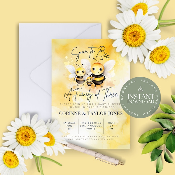 Bee Baby Shower Invitation, Soon To Be A Family Of Three, FULLY EDITABLE, Bumble Bee Invite, Honey Bee Shower, Instant Download-BS001