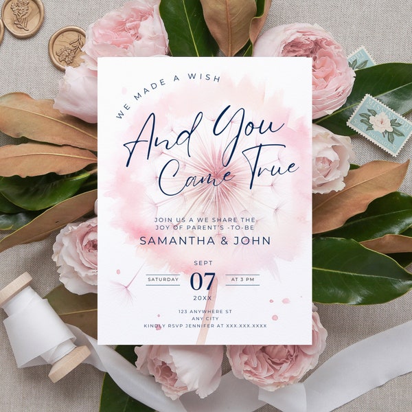 We Made A Wish And You Came True Baby Girl Shower Invitation,  Pink Baby Shower, Wish Baby Girl Shower, Digital EDITABLE Download-BS002
