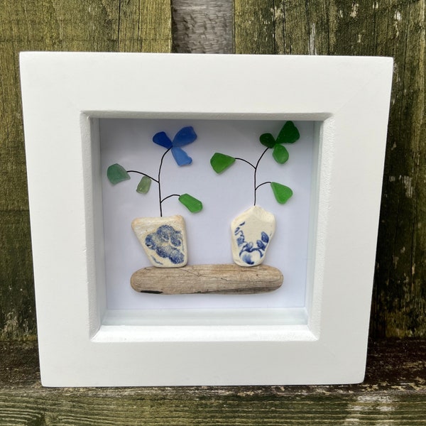 Scottish Sea Glass, Sea Pottery & Driftwood Picture.  Sea pottery art.  Handmade in Scotland.  Driftwood art