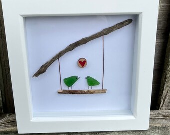 Scottish Sea Glass & Driftwood Picture.  Sea glass art.  Framed handmade picture.  Handmade in Scotland.  Driftwood art