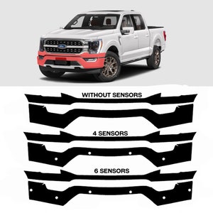 Könnte beinhalten: Ein Schwarzweißbild, das verschiedene Bumper-Sensor-Konfigurationen für einen Ford F-150-Truck zeigt. Das Bild zeigt drei verschiedene Bumper-Konfigurationen: ohne Sensoren, mit 4 Sensoren und mit 6 Sensoren.