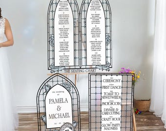 Letreros de boda con vitrales de rosas azules, letrero floral para el plano de asientos, letrero con el orden de los eventos y números de mesa para bodas.