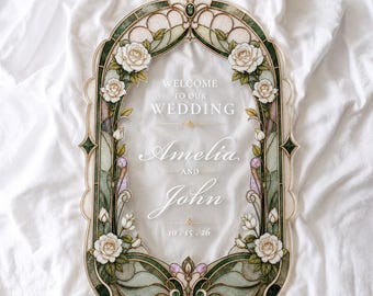 Sage Green Wedding Welcome Sign, Custom Floral Wedding Sign, Roses Stained Glass Wedding Decorations