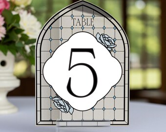Blue Roses Wedding Table Numbers, Floral Wedding Table Signs, Frosted Acrylic Or Mirrors Table Numbers, Wedding Table Decorations
