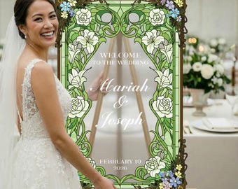Wedding Welcome Sign,  Green Stained Glass Wedding Signs, Acrylic Floral Wedding Signs, Stained Glass Roses Wedding Signs