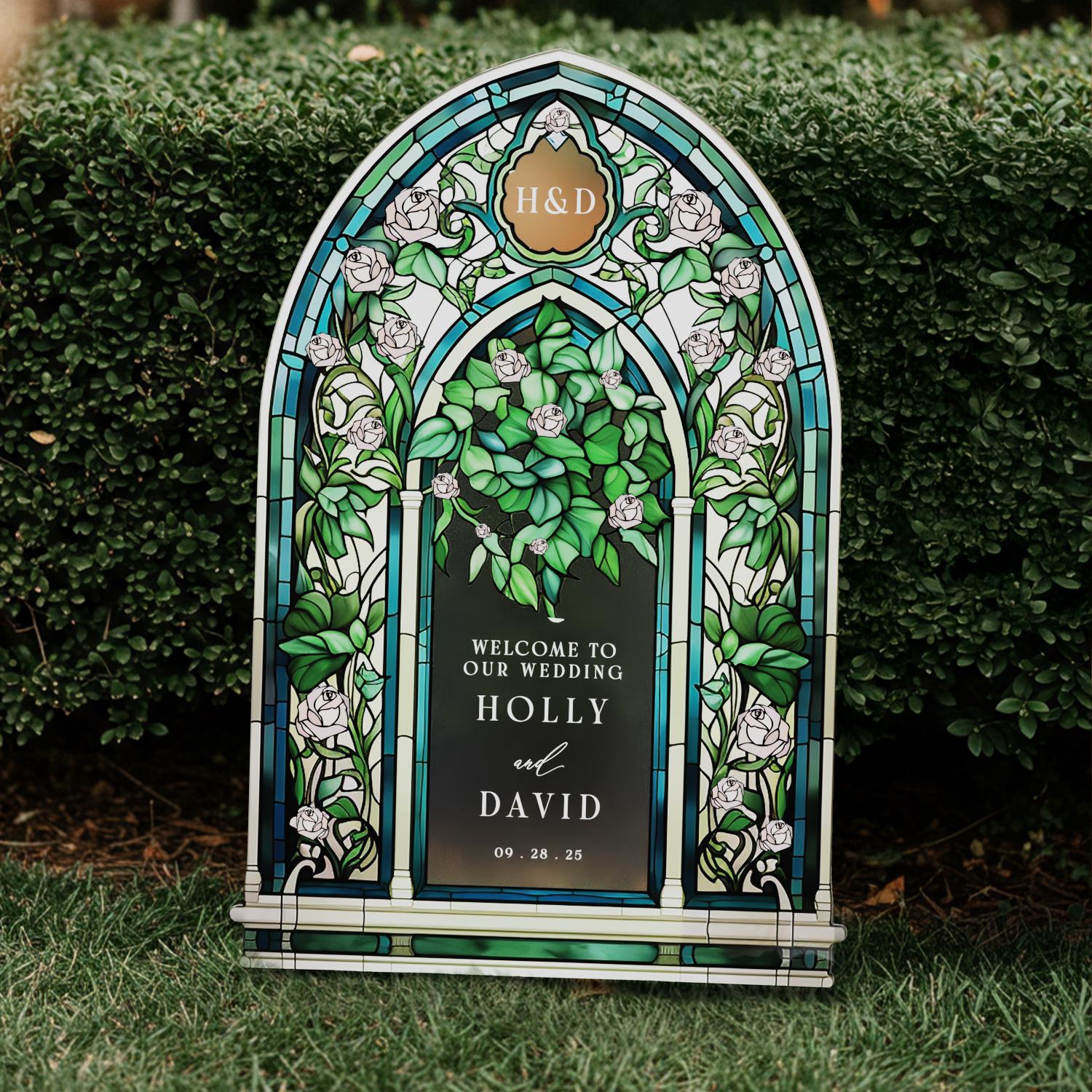 Stained Glass Wedding Sign, Custom Acrylic Green Wedding Welcome Sign, Printed Wedding Entrance Sign, Garden Wedding Decorations