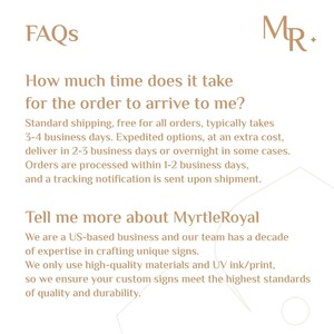 May include: A white informational graphic with light brown text featuring the heading FAQs and the logo MR. The text addresses questions about order arrival times, shipping processes, and provides company information about MyrtleRoyal.