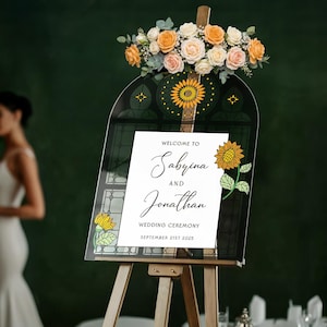 Sunflower Acrylic Wedding Sign, Floral Welcome Sign with Stained Glass Style, Sun Flowers Entrance Sign Décor