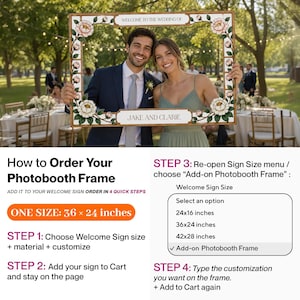 May include: A rectangular photobooth frame featuring a white border with painted pink and white floral illustrations, green leaves, and text reading "WELCOME TO THE WEDDING OF" and "JAKE AND CLARIE". The frame measures 36 by 24 inches.