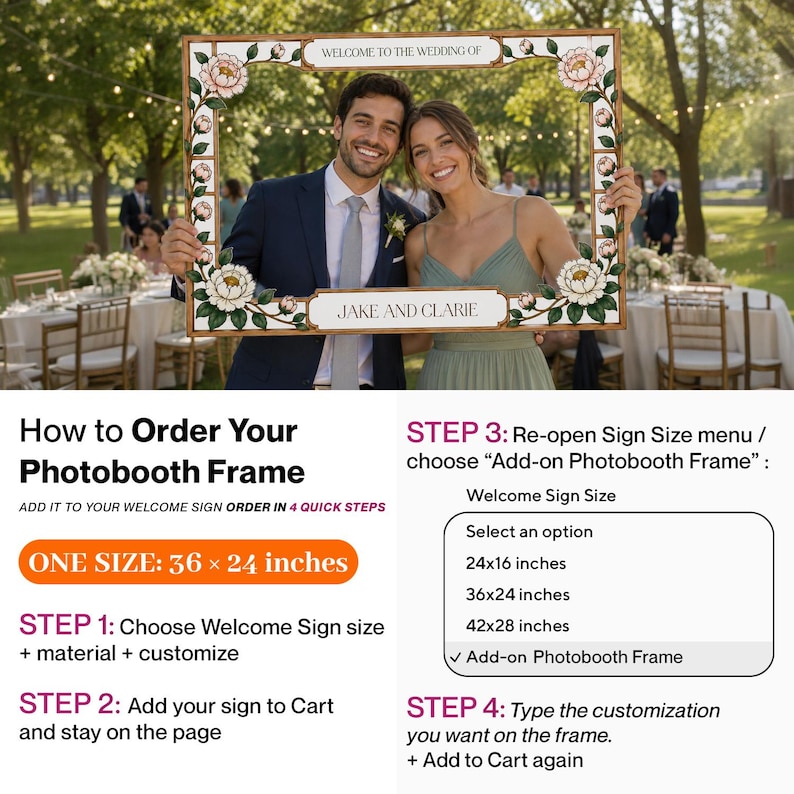 May include: A rectangular photobooth frame featuring a white border with painted pink and white floral illustrations, green leaves, and text reading "WELCOME TO THE WEDDING OF" and "JAKE AND CLARIE". The frame measures 36 by 24 inches.
