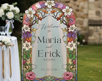 Floral Mirror Wedding Welcome Sign, Wildflowers Stained Glass Wedding Sign, Entrance Sign, Printed Roses Wedding Signs in Mirror Or Acrylic