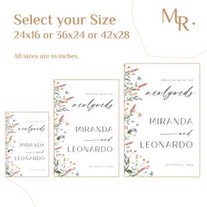 K&ouml;nnte beinhalten: Ein druckbares Schild f&uuml;r einen Hochzeitsbrunch mit floralem Design. Das Schild lautet "Brunch mit den Frischverm&auml;hlten Miranda und Leonardo, 2. Dezember 2024". Das Schild ist in drei Gr&ouml;&szlig;en erh&auml;ltlich: 24x16 Zoll, 36x24 Zoll und 42x28 Zoll.