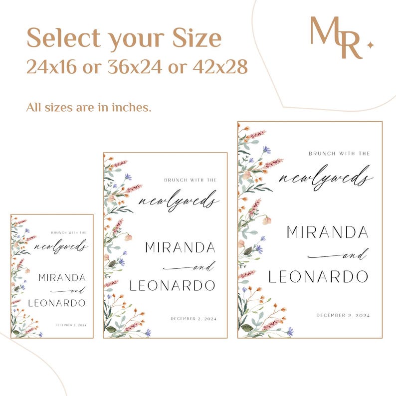 K&ouml;nnte beinhalten: Ein druckbares Schild f&uuml;r einen Hochzeitsbrunch mit floralem Design. Das Schild lautet "Brunch mit den Frischverm&auml;hlten Miranda und Leonardo, 2. Dezember 2024". Das Schild ist in drei Gr&ouml;&szlig;en erh&auml;ltlich: 24x16 Zoll, 36x24 Zoll und 42x28 Zoll.