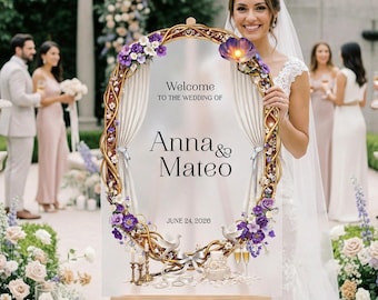 Letrero floral morado y dorado para boda, letreros de bienvenida acrílicos para boda, letreros de bienvenida en color paloma, letreros impresos para boda.