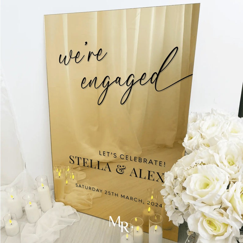 Engagement Sign, Engagement Welcome Sign, Custom Engagement Mirror Sign, Gold Engagement Party Welcome Sign, Were Engaged Sign zdjęcie 1